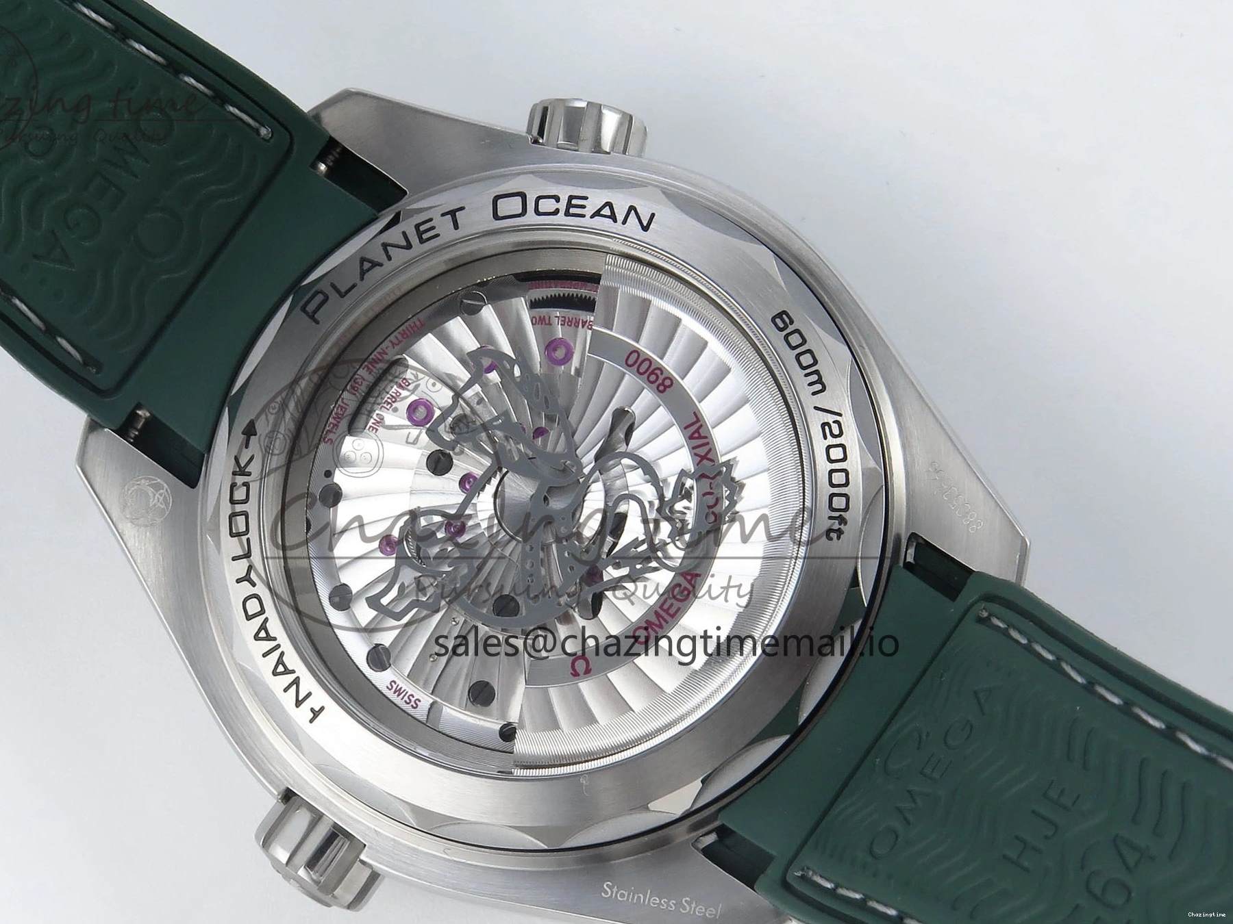 0416 Bold Seamaster Planet Ocean 600M 43.5mm SS SCF 1:1 Best Edition Green Bezel Gray Dial on Green Rubber Strap A8900 Super Clone 7666